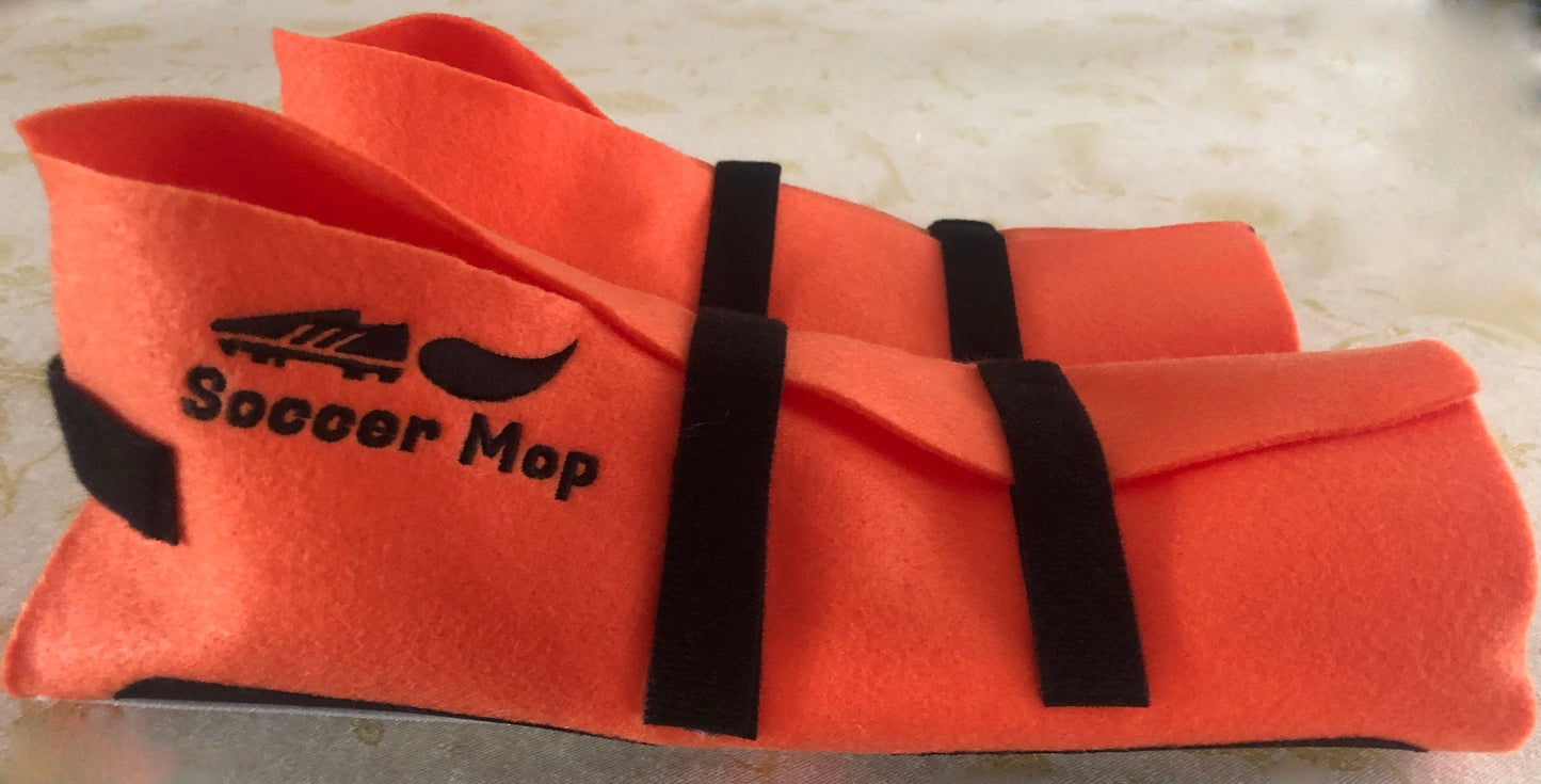 Soccer Mop classic orange adjustable booties with velcro on soles to attach wet mop pads for hands-free floor cleaning. Fit over socks or flats.